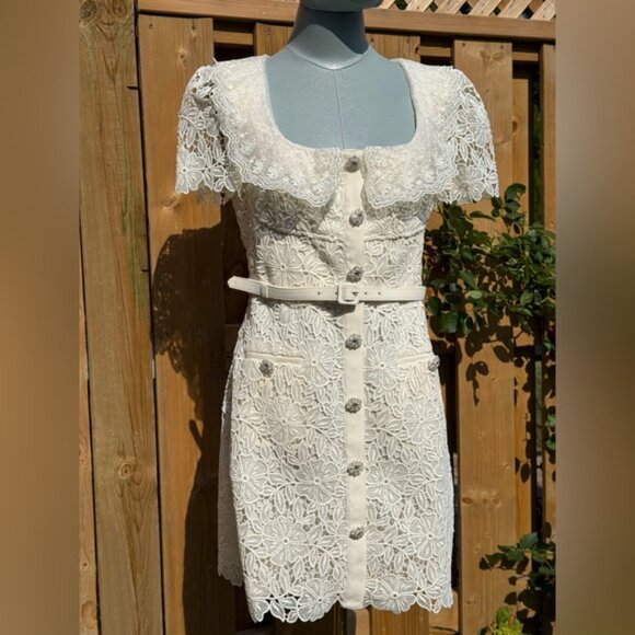 🆕 SELF-PORTRAIT 🧿 NWT Cream Guipure Lace Belted Mini Dress, Sz UK 10 US 6 - Picture 4 of 16